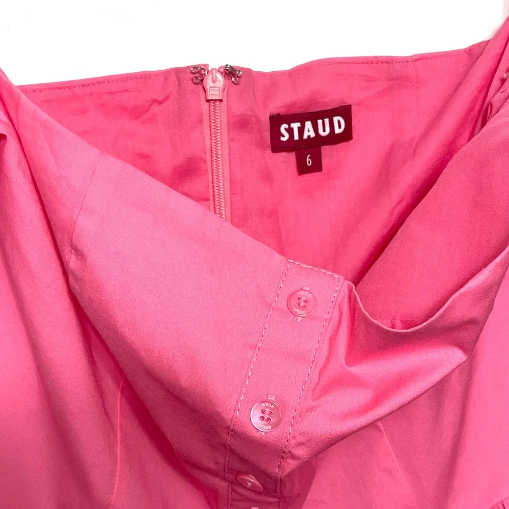 STAUD Elio Button Down Off the Shoulder Midi Dress in Pink Plumeria Size 6 - Picture 6 of 7